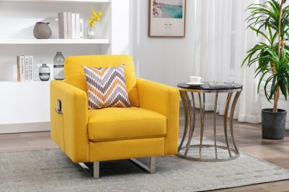 Victoria Yellow Linen Fabric Armchair with Metal Legs, Side Pockets, and Pillow