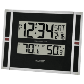 La Crosse Technology 11" Contemporary Black & Silver Digital Atomic Clock with Temperature, 513-149