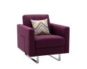 Victoria Purple Linen Fabric Armchair with Metal Legs, Side Pockets, and Pillow