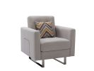 Victoria Beige Linen Fabric Armchair with Metal Legs, Side Pockets, and Pillow