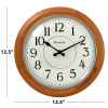 Traditional 12.5' Brown Wood Analog QA Wall Clock with Quiet Sweep Movement and Decorative Metal Hands.