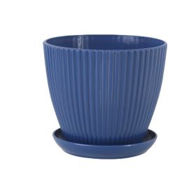 Plastic Resin Thickened Vertical Stripes Green Plant Pot Colorful Round Flower Pot (Option: Deep Sea Blue-S 130 Caliber 13 Height 11cm)